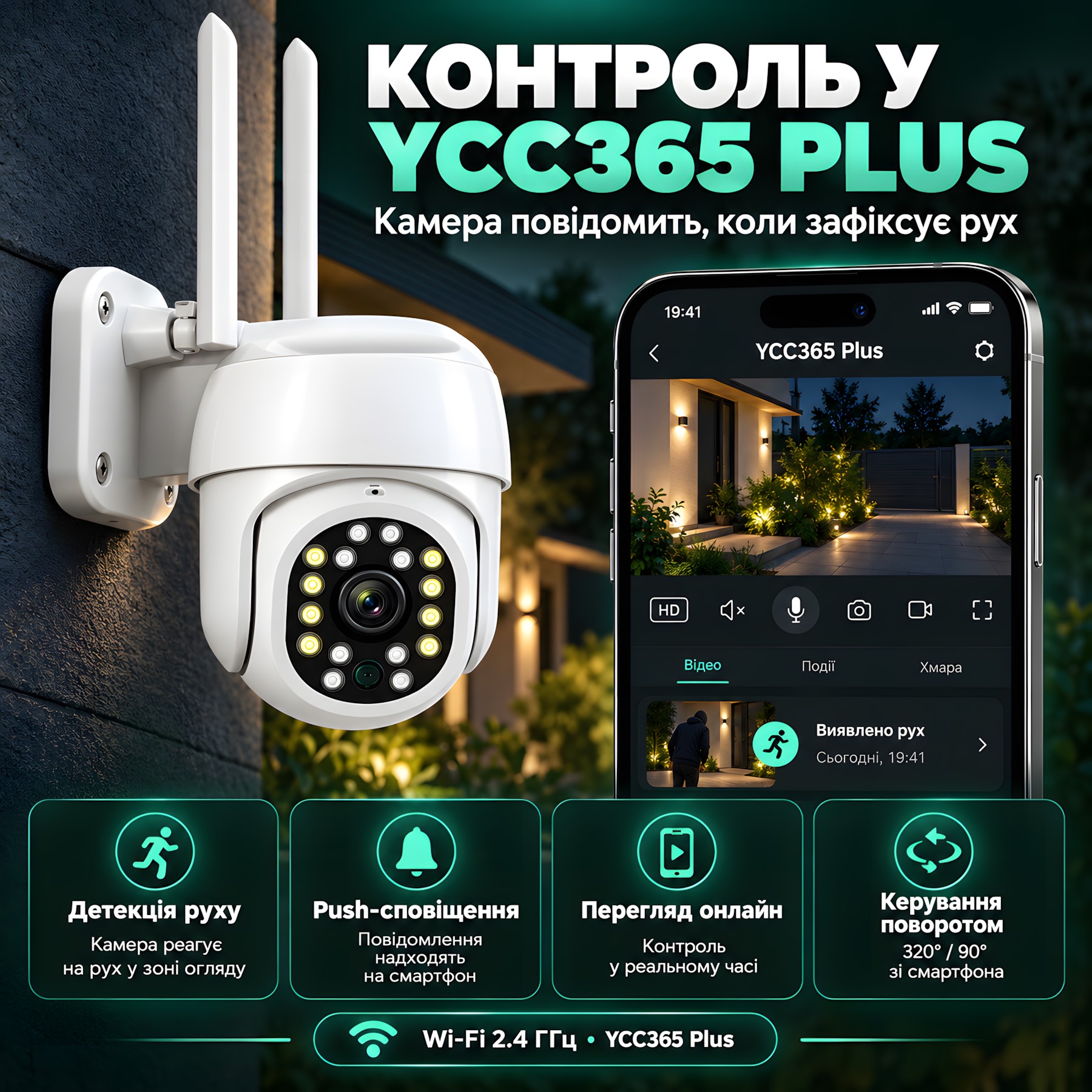 YCC365 Plus детекція руху push сповіщення перегляд онлайн керування поворотом камери