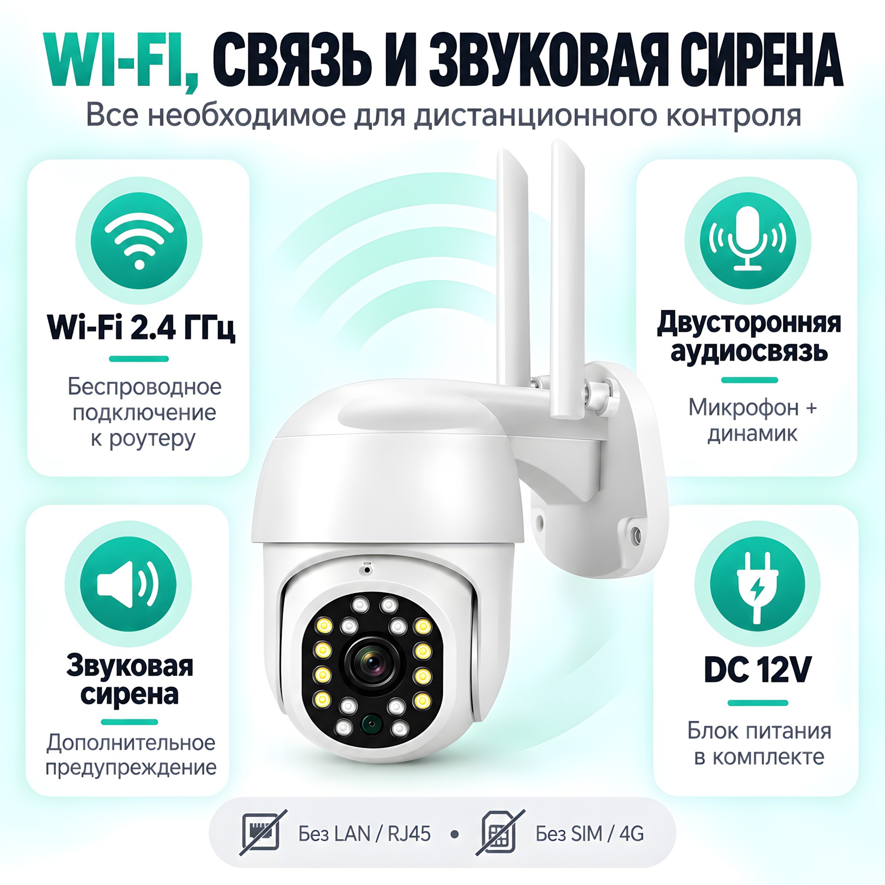 Wi-Fi камера 2.4 ГГц двусторонняя аудиосвязь звуковая сирена DC 12V