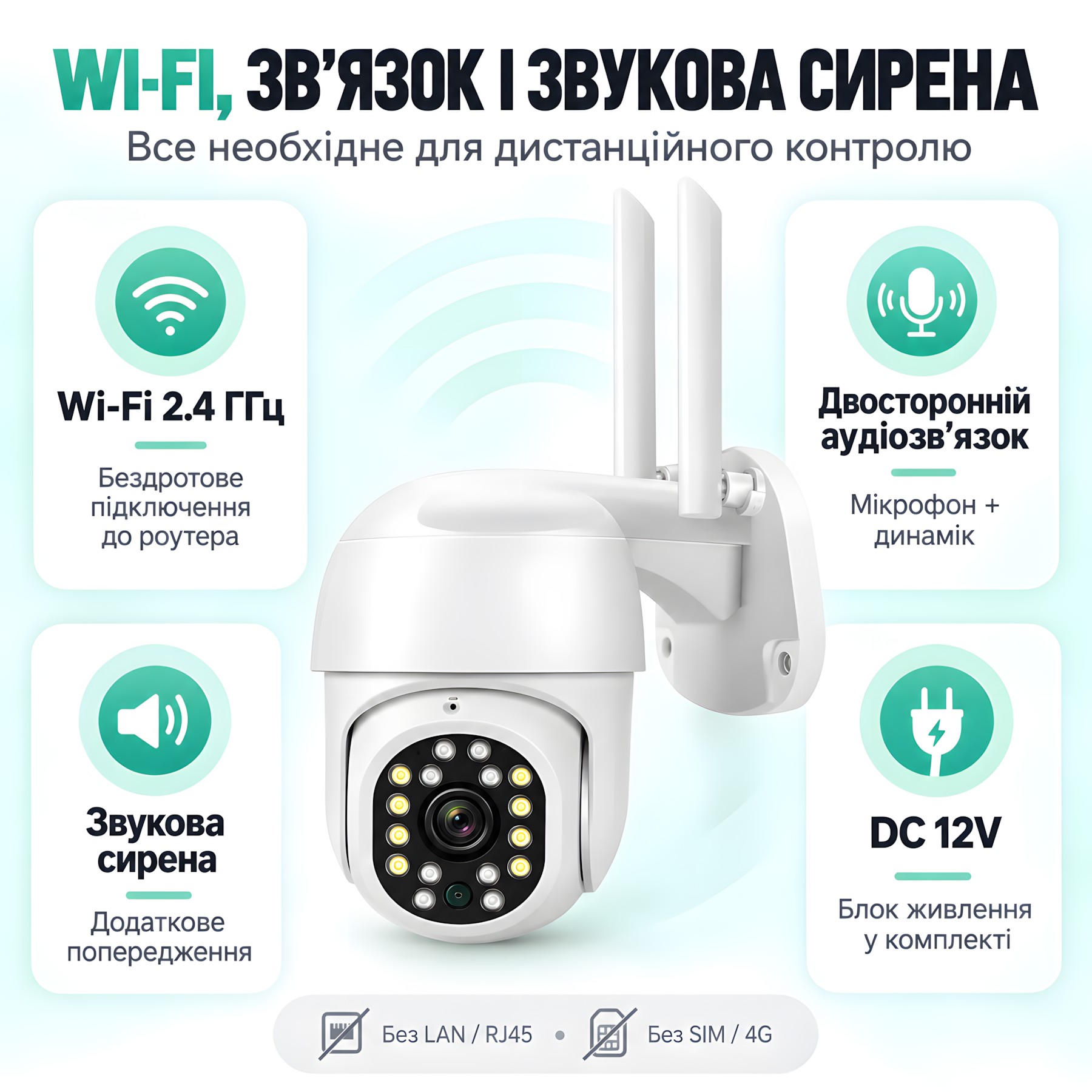 Wi-Fi камера 2.4 ГГц двосторонній аудіозв’язок звукова сирена DC 12V