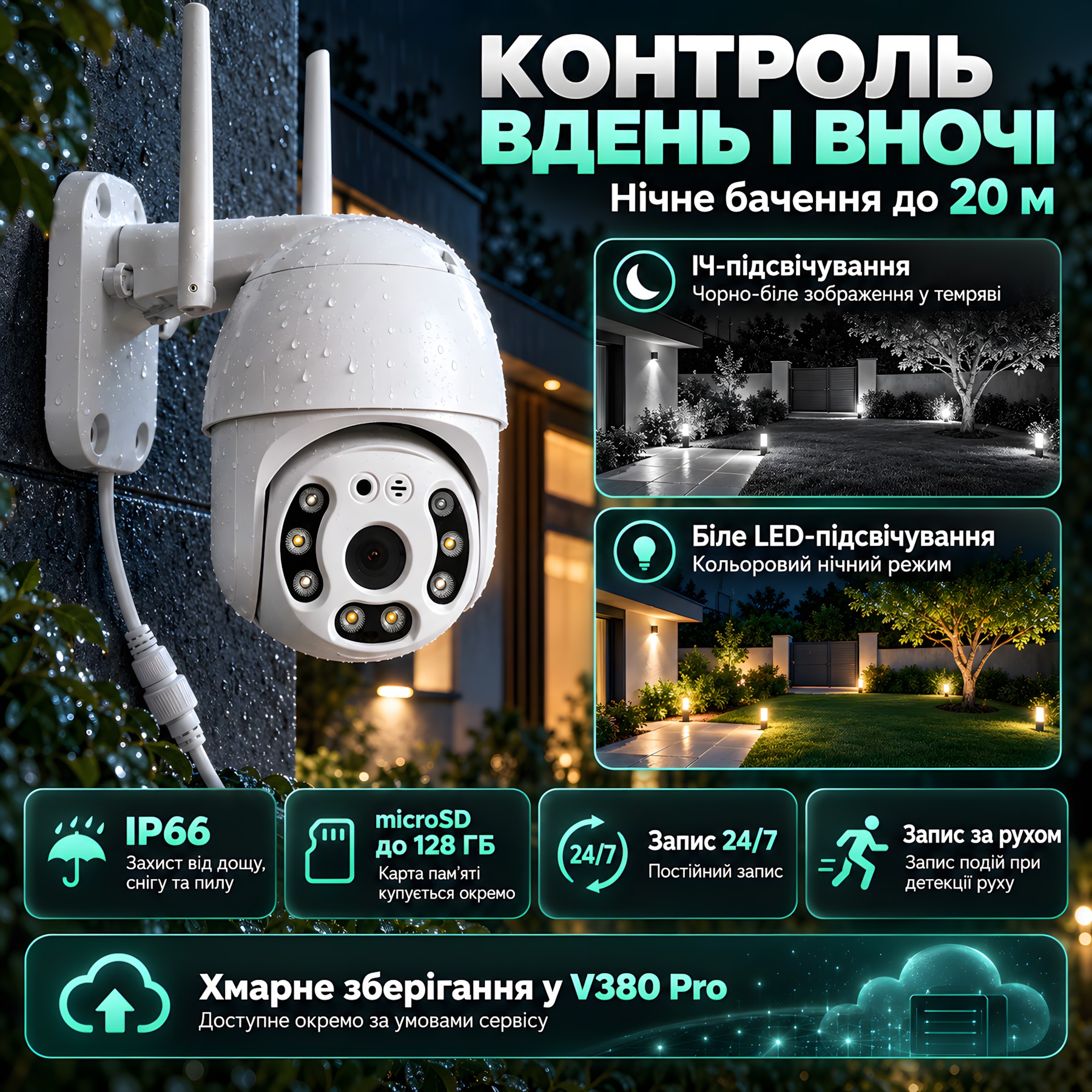 Вулична IP-камера V380 Pro з нічним баченням до 20 м, IP66 та записом на microSD