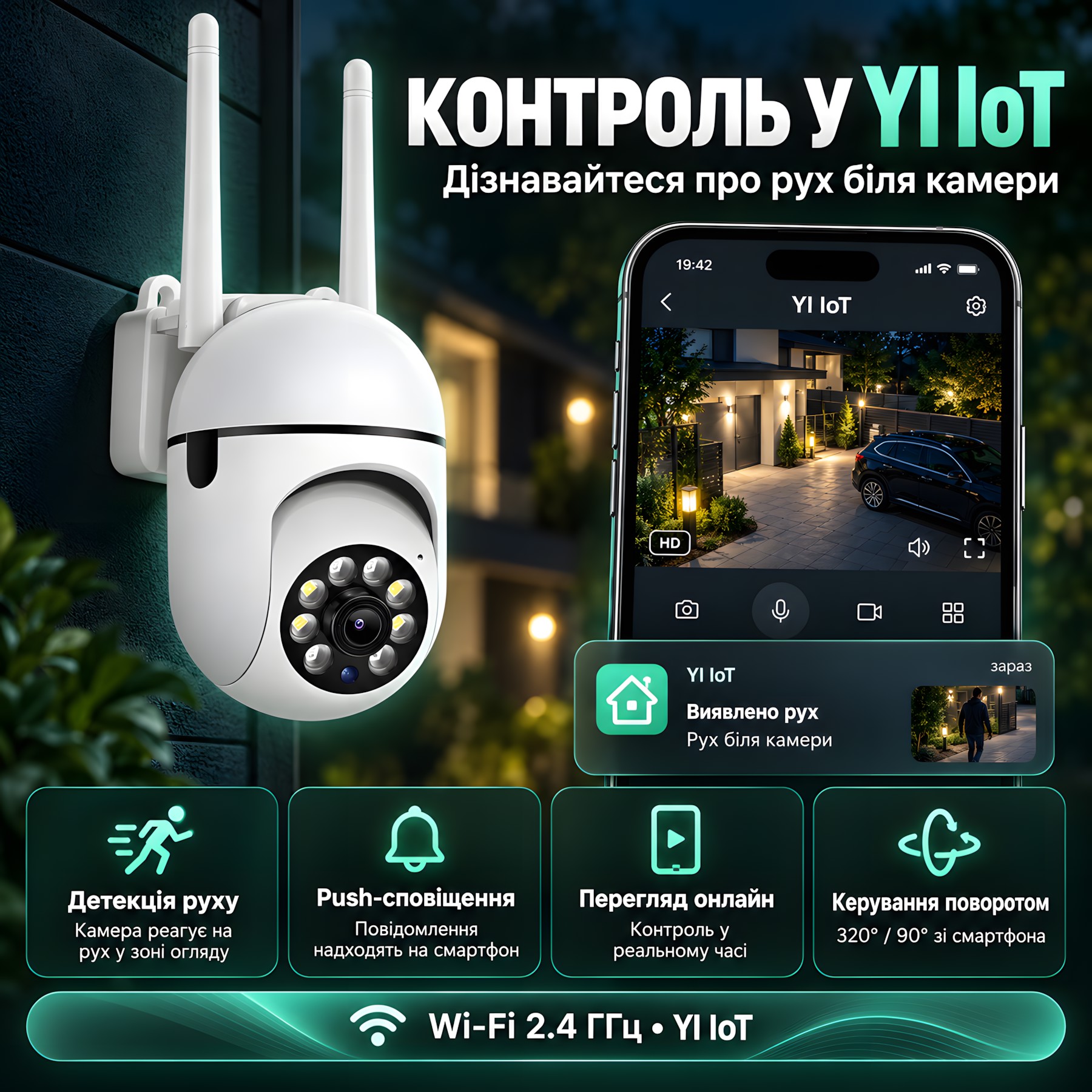 YI IoT детекція руху push сповіщення перегляд онлайн та керування поворотом камери