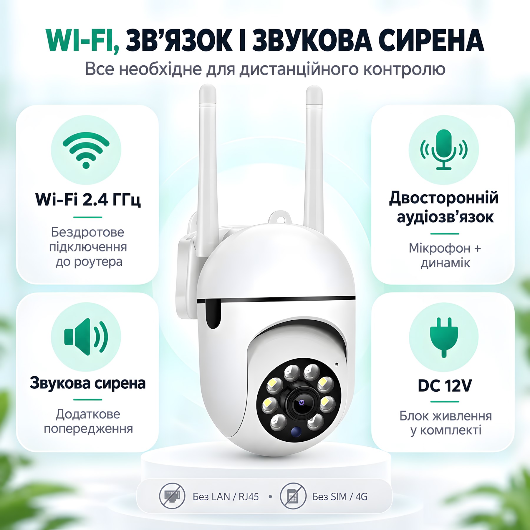 Wi-Fi камера 2.4 ГГц з двостороннім аудіозв’язком звуковою сиреною та живленням DC 12V